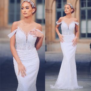 Illusion Bodice Boho Wedding Dresses Glitter Sparkle Mermaid White Appliciques Beach Off The Shoulder Bridal Dress Vestido de Novia