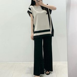 Women's Blouses Summer Elastic Knitted Two Piece Suit Casual Wide Leg Pants Elegant Patchwork Loose Thin Tops Korean Ice Silk 2 Set 26383