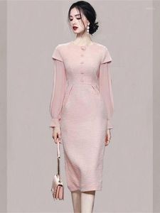 Casual Dresses Spring Summer Stylish Designer Party Vestidos Women's Elegant Long Sleeve Pink Tweed Patchwork Bodycon Slim Midi Dress