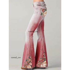 DESIGNERS Spring New Fashion Jeans Gradient Flower Print Imitation Denim Bell Bottoms High Waist Long Pants Plus Size Women Trousers 761 dfashion98