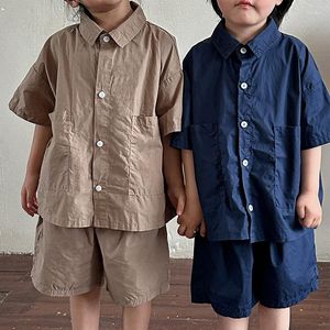 Clothing Sets Children Summer Solid Shirt T-shirt Boys Casual Turn-down Collar Tops Loose Cotton Shorts 2pc Kids Girls High Quality Suit