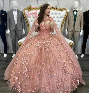 Rose Gold 3D Flowers Crystal Quinceanera Dress with Cape Appliques Freading Tassel Corset Vestidos de XV anos Sweet 15