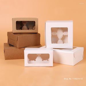 Present Wrap 20st/Lot Muffin Packaging Boxes 2/4/6 Cupcake Kraft Paper Cake Box med PVC Window Craft