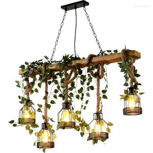 Chandeliers Green Plant Decorative Chandelier Lighting Wood Industrial Pendant Lamps Restaurant Barbecue Shop Retro Ceiling Hanging Lights