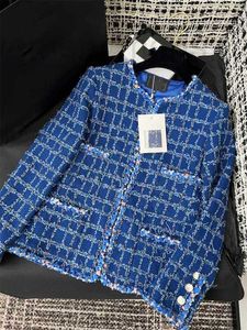 Women's Jackets designer 23 Autumn/Winter New South Oil Small Fragrant Wind Blue Plaid Woven Tweed Round Neck with Concealed Lace Versatile Short Style 70UM