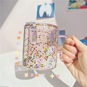 Wine Glasses Korean Ins Girl Heart Kawaii Bubble Star Sky Cup Sequin Double Wall Glass Coffee Cups Handle Heat Resistant Milk Mug