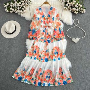 Premium Light Luxury Dress Lantern Long Sleeve V-Neck Waist Shrinking A-line Chiffon Print Dress Beach Holiday Long Dress