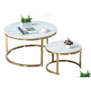 Meble w salonie włoski luksus nowoczesne 100% marmurowe okrągłe stoły do ​​kawy biurko za 2 na 1 prosty kombinacja żelaza stolika1577801 Drop Dhvxg