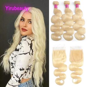 Body Wave Blonde Color 613# Brazilian 100% Human Hair Wefts With Lace Closure 4*4 Free Part Indian Raw Virgin Hair 10-30inch