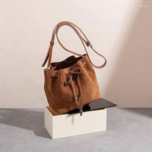 Sacos de noite feminino cordão retro bolsa de couro genuíno com arco design coreano cruz corpo ombro balde fosco luxo axila