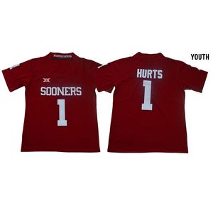 Youth # 1 Jalen Hurts college personalizzato Sooners maglie rosse per bambini ragazzi taglia personalizza l'ordine della miscela di jersey cucito da football americano