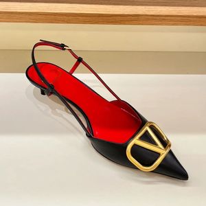 Designer Women Sandals High Heels Pointed Shoes Classics V Metal Buckle Genuine Leather 4cm 6cm 8cm 10cm Thin Heel Shallow Sexy Summer Red Wedding Shoes with Dust Bag