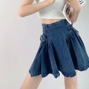Saias American Bandage Design Plissado Mulheres Estilo Coreano Slim Fit Blue Denim Mini Saia Mulher Vintage Cintura Alta A-Line