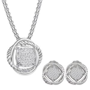 Fashion Necklace Earrings Jewelry Set for Women White Gold Plated Brass Round Cluster CZ Pendant Necklace & Stud Earrings Gift