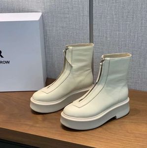 The row white smooth Leather Ankle Chelsea Boots platform zip slip-on round Toe block heels Flat Wedges booties chunky boot Fashion leather boots