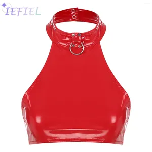 Women's Tanks Womens Girl T-shirt Camisole Pole Dancing Costume PVC Glossy Halter Neck Sleeveless T-Shirts Latex Bralette Bustier Crop Tops