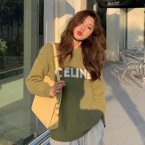 Ce Letter Sticker Embroidery Sweater Slouchy Loose Knitted Shirt Coat Female