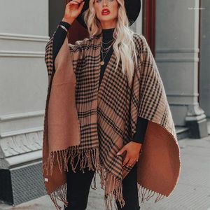 Scarves Plaid Blanket Thick Winter Scarf Oversized Tassels Cashmere Shawl Cape Women's Travel Warm Wrap Open Front Poncho