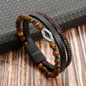 Braccialetti con ciondoli Moda Occhio di tigre Perline di pietra Gioielli da uomo Bracciale in pelle intrecciato multistrato alla moda Commercio all'ingrosso