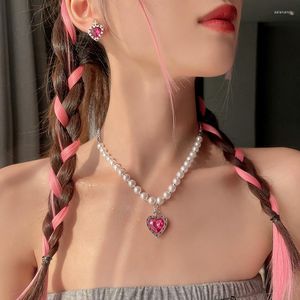 Chains Y2K Accessories Pink Crystal Peach Heart Pendant Imitation Pearl Necklace Metal Cross Elegant Sweet Cool Charm Clavicle Chain