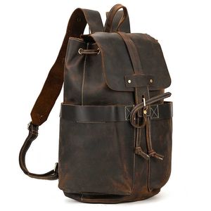 Mochila masculina de couro genuíno, mochila de pele de cavalo louco com alça flip, mochila de estudante 231115