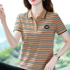 Designer Milk Silk Striped Woman Polo Shirt Short Sleeve Women's Luxury Summer Large Size Lapels Slim T-shirt Top