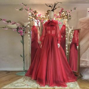 Vestidos casuais imagem real elegante vermelho a linha longo tule vestidos mulheres para festa de evento mangas bufantes gola alta grande arco vestido de noiva