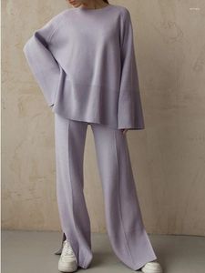 Женские комплекты из двух предметов, свитера, осень 2023, модные вязаные топы, элегантные брюки с боковыми разрезами, винтажный повседневный комплект для женщин