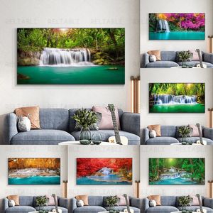 Resimler manzara doğal şelale tuval boyama yeşil ağaç orman posterler ve baskılar duvar sanatı oturma odası ev dekor yok 231123