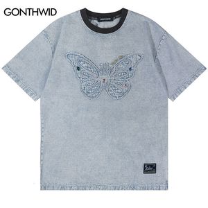 Мужские рубашки винтажная джинсовая футболка уличная одежда 2023 Hip Hop Emelcodery Butterfly Tshirt Men Harajuku Fashion с короткими рукавами футболки Top 230424