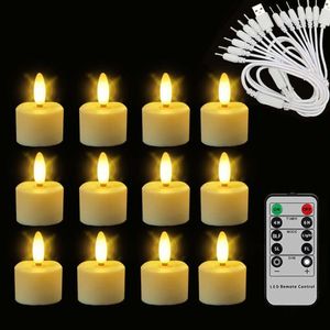 Nytt 12 uppladdningsbart te -ljus med fjärrtimer 3D Flameless Flicker Halloween LED -ljus dekoration till jul och bröllop H0271P