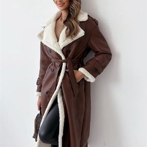 Women s Jackets Fur Leather Long Jacket Women Belt Lambswool Sleeve Turndown Collar Pocket Female Coat 2023 Autumn Winter Lady Overcoat 231123