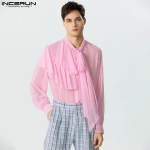 Men's Casual Shirts INCERUN Tops 2023 American Style Lace Layered Design Fashion Male Long Ribbon Thin Sleeved Blouse S-5XL