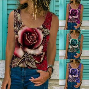 Women's Blouses Summer Casual T-shirt Fashion Woman Sleeveless Round Neck Rose Print Blouse Loose Vest Shirts Elegant And Youth Top 25440