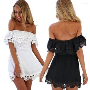 Sukienki swobodne sukienki Kobiety Summer Sundress Sexy Off Black Biała koronka na luźną krótką odzież uliczną Vestidos