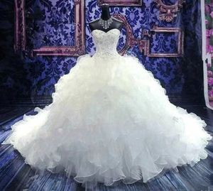 2024 Abiti da ballo di lusso Abiti da sposa Abito da principessa Ricamo in rilievo Corsetto Sweetheart Organza Ruffles Cattedrale di strascico Abito da sposa Taglie forti Vestido De Novias