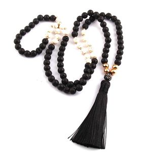 Naszyjniki wisiorka moda czarne lawy kamienie bohemian plemienna biżuteria długa naszyjnik do frędzli dla kobietpendant