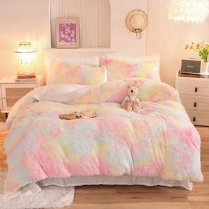 Bedding sets Fashion Tie Dye Fluffy Bedding Set Winter Shaggy Duvet Cover Flat Bed Sheet Pillowcase Set Warm Thick Long Plush Velvet Bed Set 231123