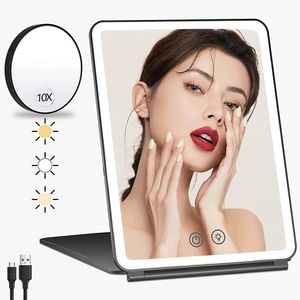 Kompakta speglar LED Makeup Mirror 10x förstoringsspegel med ljus Portable foldbar reseskrivbord Vanity Table Bad Badrumspeglar Makeup Tools 231124