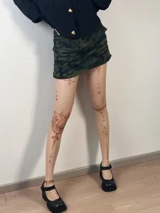 Mulheres meias meia-calça retro perna moldar sexy tatuagem impressão meias ultra-fina cor da pele fina primavera verão roupas moda matching1pc