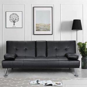 Mobiliário de sala de estar Luxurygoods Moderno Futon de Couro Falso com Porta-Copos e Travesseiros Preto Drop Delivery Home Garden DHP5F