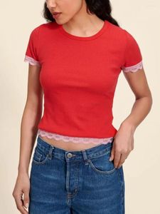 Camisetas femininas 2 cores Mulheres O-pescoço Slim Slim Fit Sweet Sweet Lace Stitching Ten