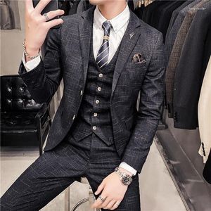 Ternos masculinos preto azul 3 peças masculino formal negócios noivo terno conjuntos para moda boutique xadrez vestido de casamento (jaqueta colete calça)