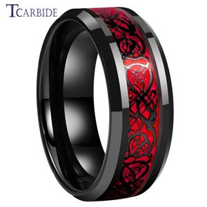 Кольца 8 мм черные мужские женские обручальные кольца из карбида вольфрама с инкрустацией из красного опала дракона превосходный подарок ювелирные изделия Comfort Fit 231124