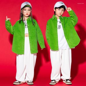 Hip Hop stage wear clothing for Kids: Green Shirt and White Baggy Pants Set for Jazz Dance Costume Show