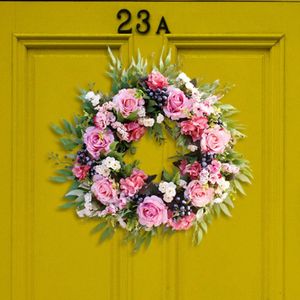 Faux Floral Greenery 19,7 Zoll Haustürkranz Rose Künstliche Blumengirlande draußen Beerenblumen für Fensterstrauß Zuhause Hochzeit Frühling Sommer 231123