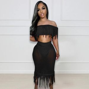 Work Dresses 2023 Sexy See-through Knitted Hand Crochet Tassel Beach Suit Short Sleeve Top Ankle Length Skirt Women Two Peice Sets
