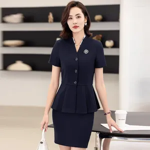 Women's Two Piece Pants 23 Summer Navy Blue Professional Casual Short Sleeve V-neck Coat Skirt Two-Piece Suit Elegant Fashion