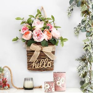 Decorative Flowers Spring Simulated Flower Wreath Wall Hanging Basket Door Decoration Rose Bucket Home