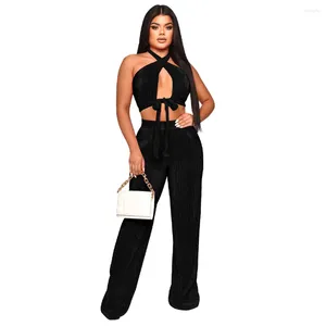 Women's Two Piece Pants Sexy Women Summer Set Female 2PCS Outfits Girl's Cropped Halter Tops Suit Party Club Lady's Pleated Sets